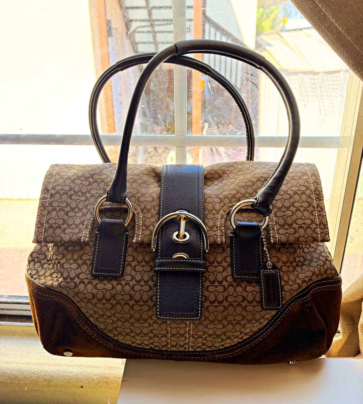 Coach Brown Beige Signature Satchel Buckle Accent Double Handles Bottom Studs