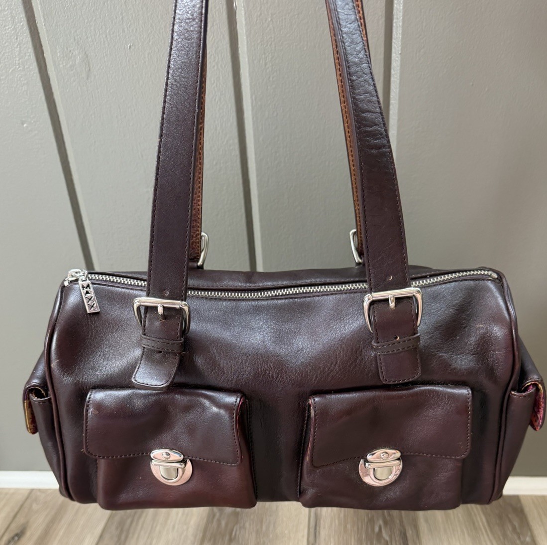 MAXX New York Brown Leather Shoulder Barrel Bag Y2K Silver Buckles Paisley