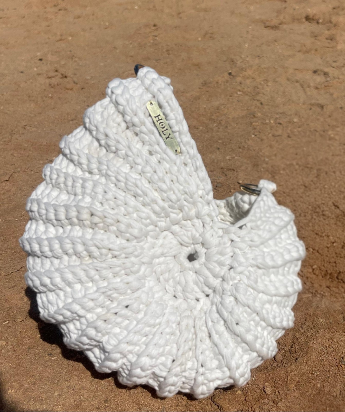 HOLY White Handmade seashell bag. Small Round Drawstring Bag w/ Detachable Strap
