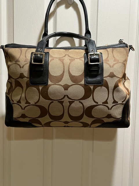 Coach Hampton Signature Carryall Satchel F13812 Tan/Brown with Black Leather – w