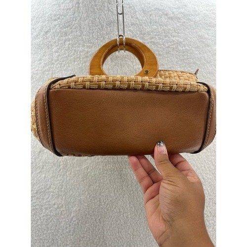 Fossil Handbag Women Small Tan Good Woven Straw Wood Handle Modern Vintage Bag