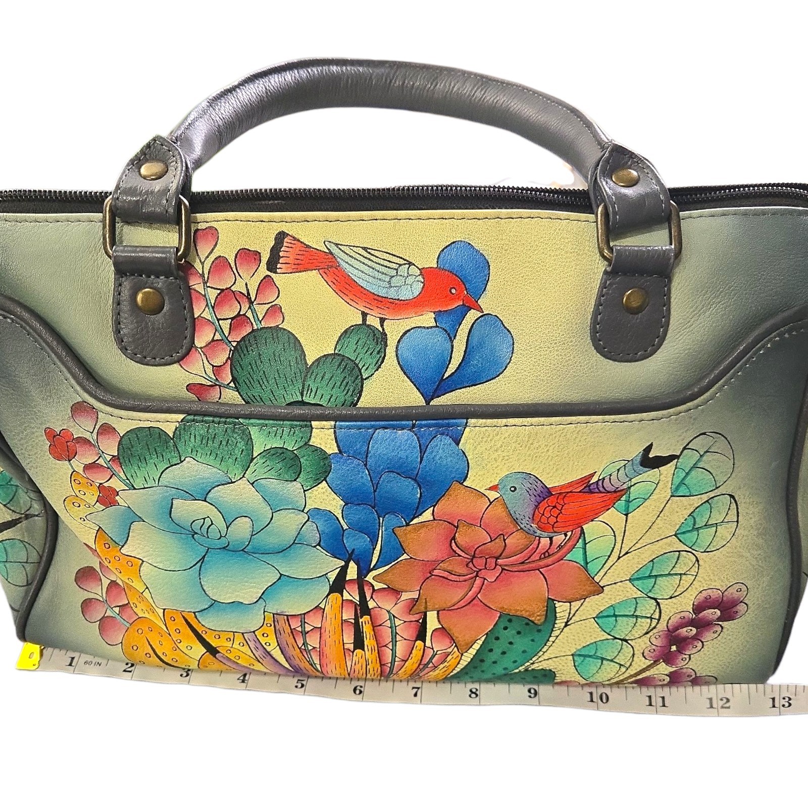 Anuschka Hand Painted Leather Satchel Bag Bird Cactus Desert Floral Multi-Color