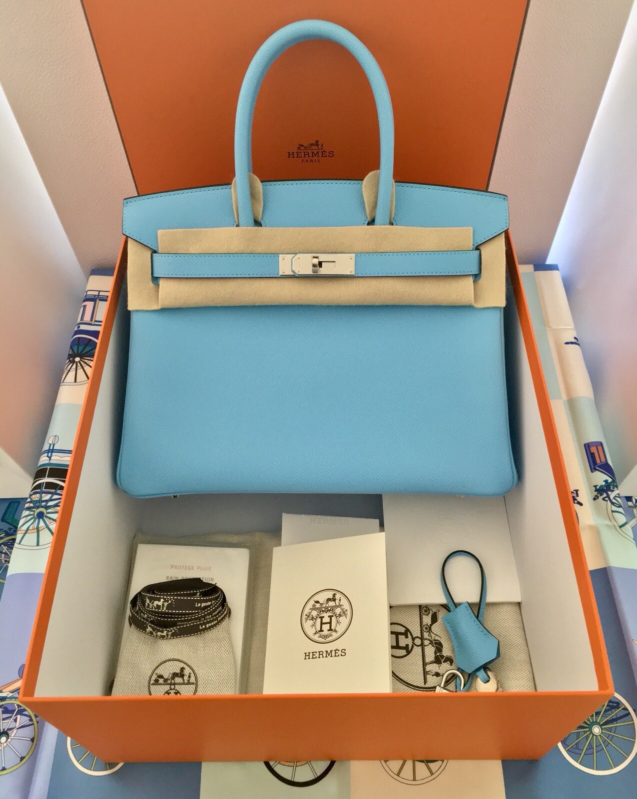 NIB Hermes Birkin 30 cm in Celeste Sky Blue Epsom Leather w Palladium Hardware