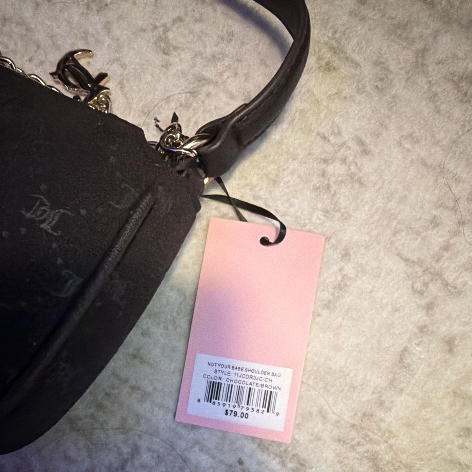 Juicy Couture Black Logo Crescent Shoulder Bag Zip Chain Charm Rhinestone