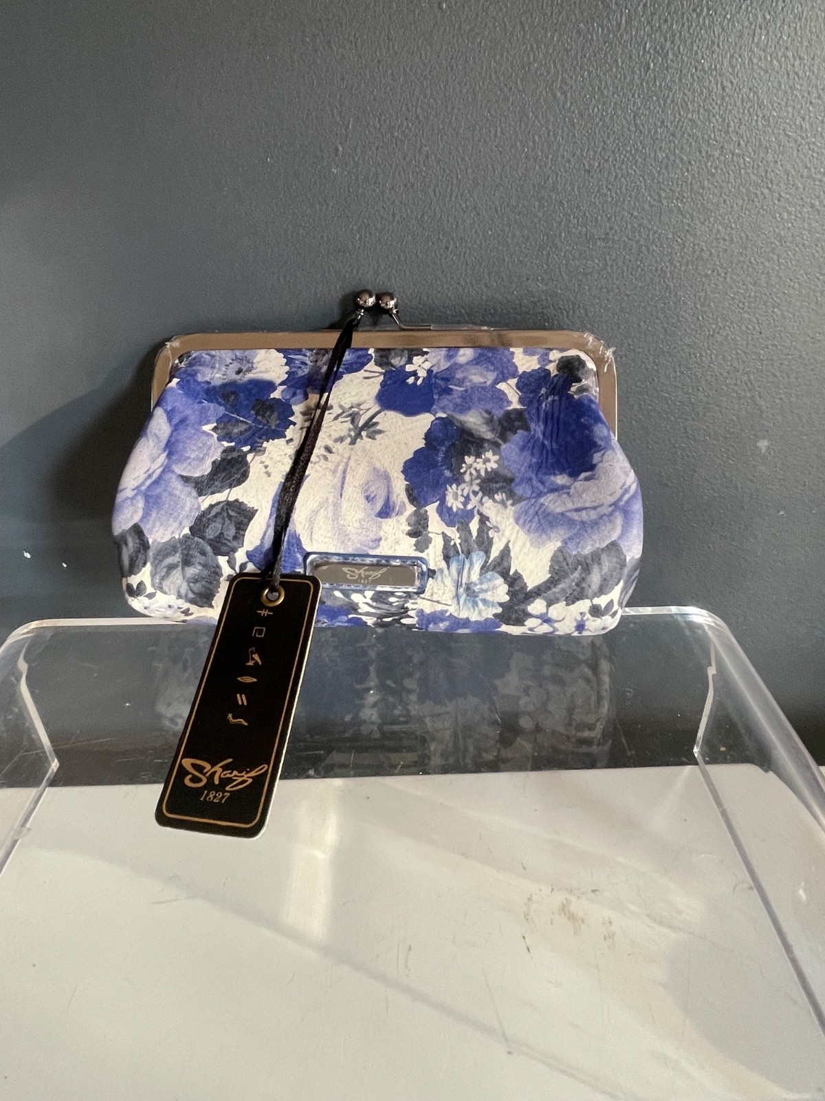 Sharif 1827 Blue Floral Kiss Lock Clutch Purse Evening Bag NWT Frame Handbag