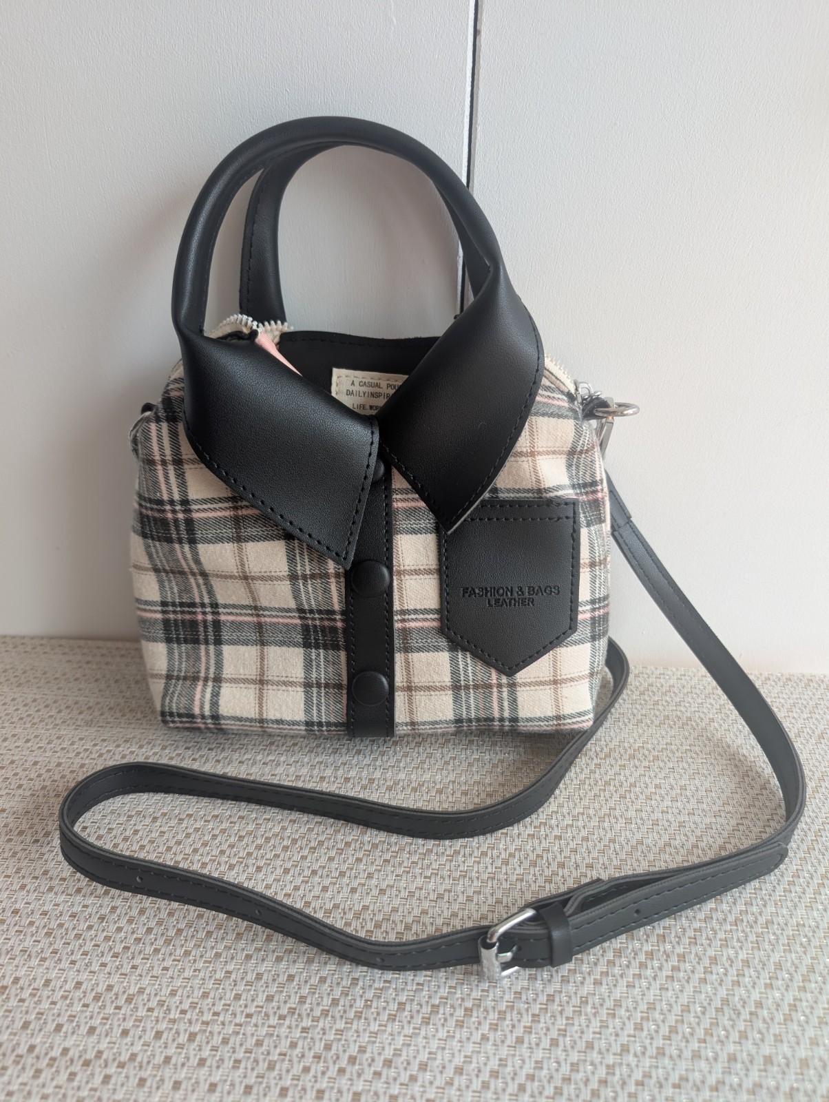 Fashion & Bags Plaid Satchel Top Handle Bag Black Handles Detachable Strap