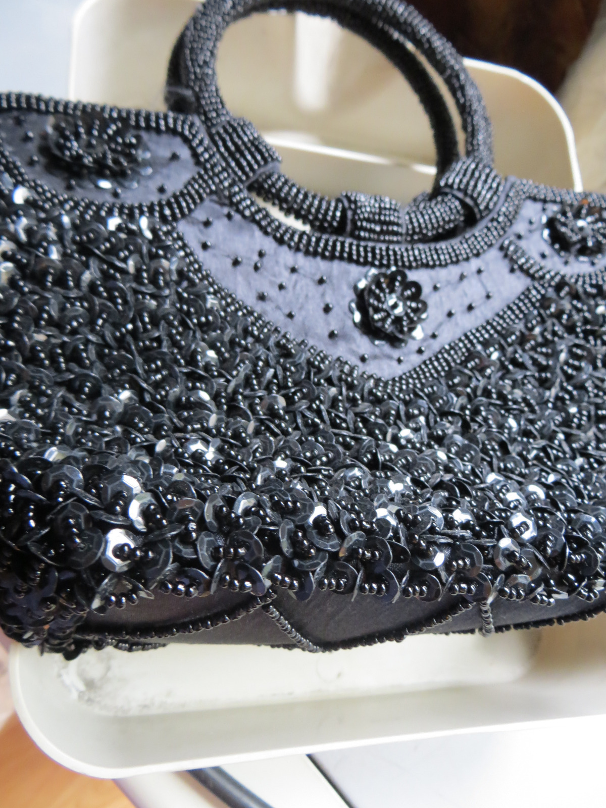 Black evening beaded bag-2 round handles/7 ins x 5 ins high/sari/contemporary/SM