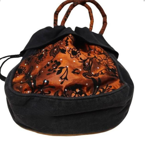 Victorian Satin Lace Cinching Cloth Handbag Bronze Black Embellished Gothic Boho