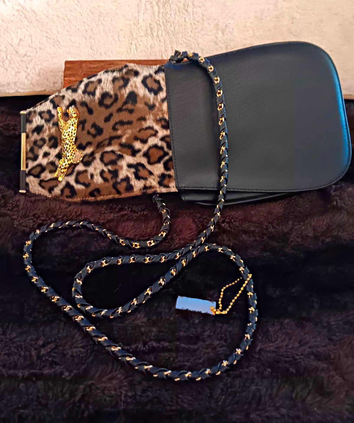 NIMA Small Black Leopard Animal Print Crossbody Bag Gold Chain Strap Snap