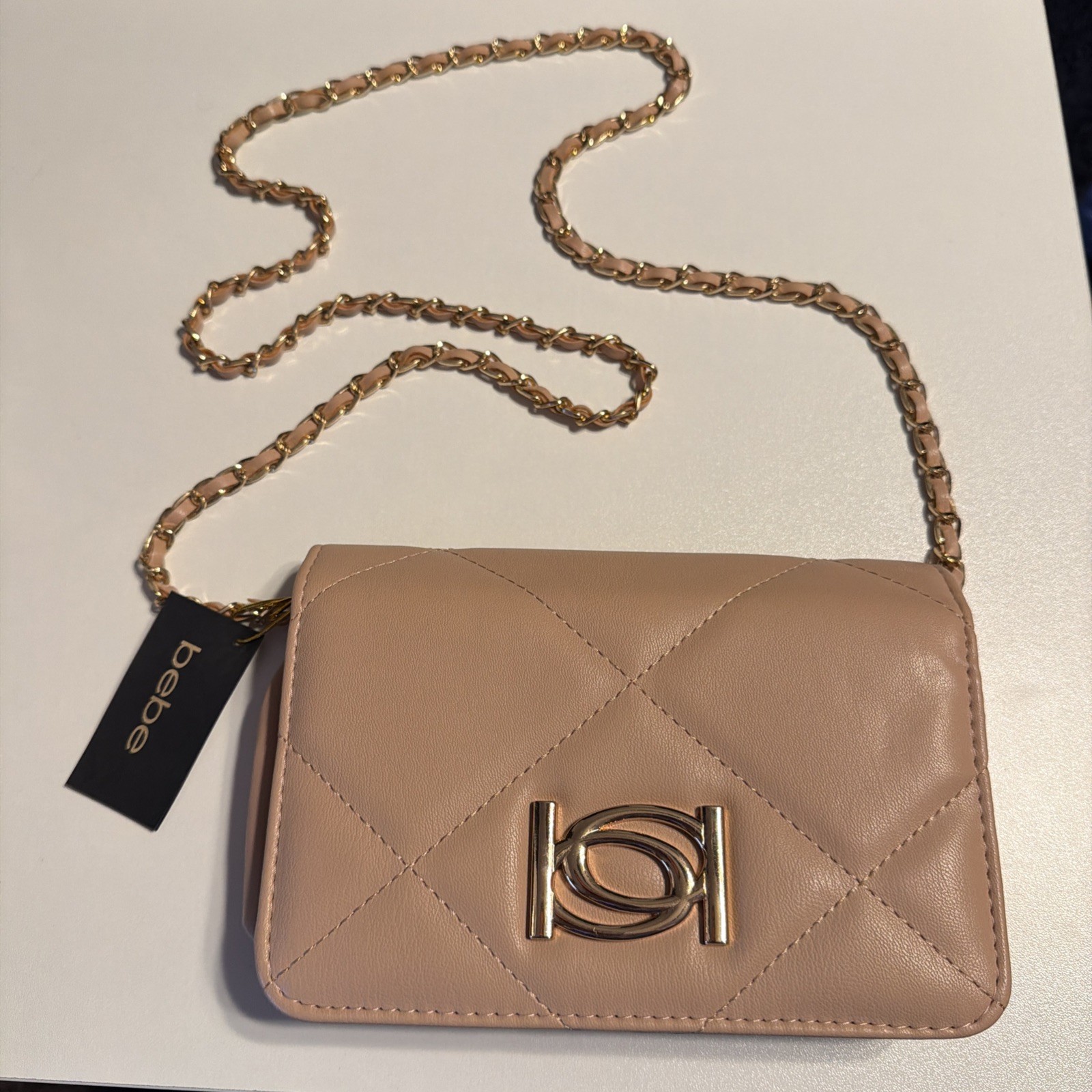 Bebe Pink Quilted Crossbody Gold Chain Strap Snap/Zip $89 Retail