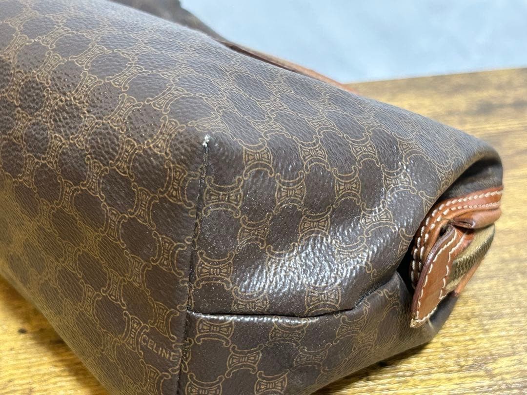 CELINE Macadam Pattern Cosmetic Pouch Vanity Bag Brown PVC Leather Brown Authent