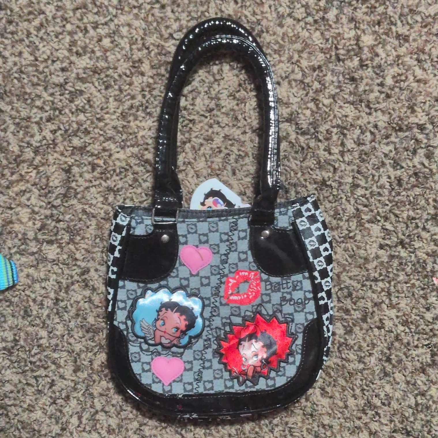 Betty Boop Small Top Handle Bag Black/Gray Check Patent Applique Lined Open