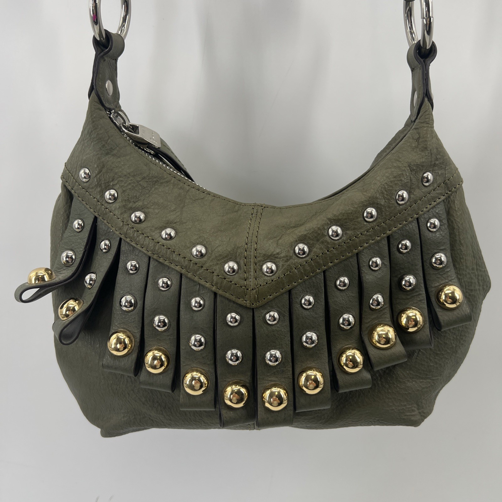 B Makowsky Hobo Shoulder Bag Leather Studded Fringe Gold Silver Green Y2K Rocker