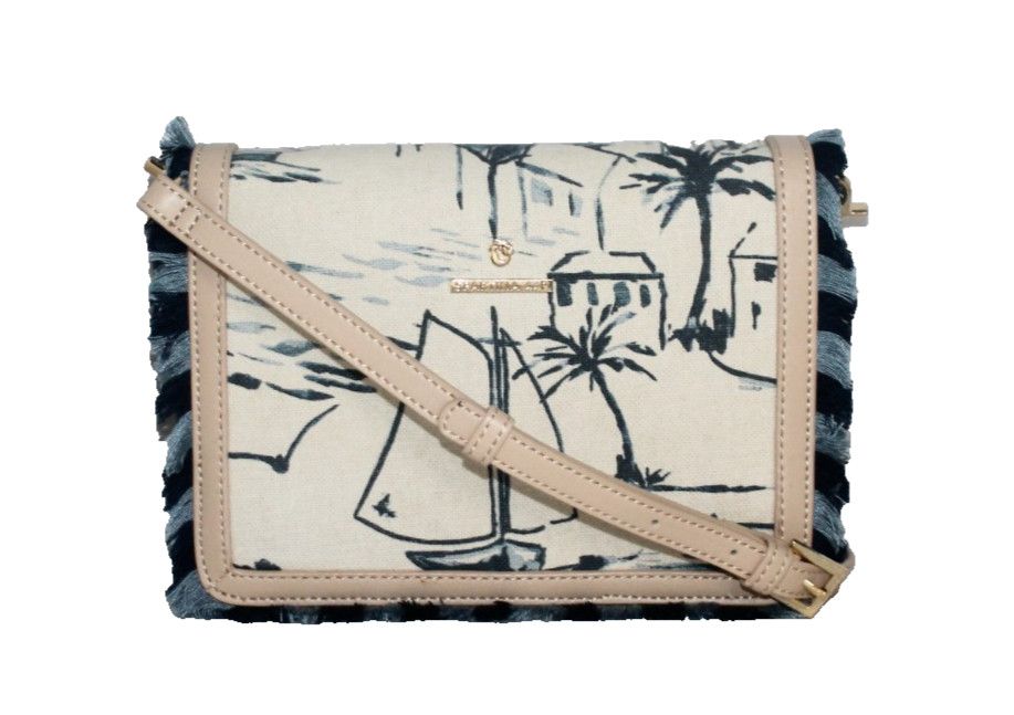 SPARTINA 449 Daise Seascape Clutch Crossbody Bag Natural Linen Blue Fringe
