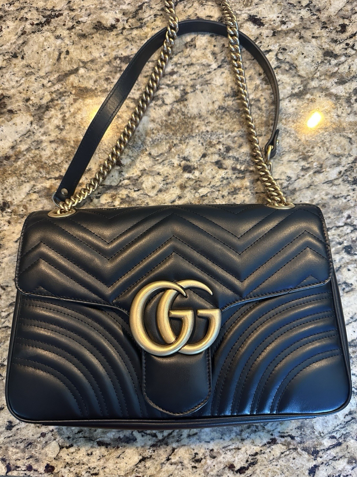 Gucci Black GG Marmont Medium Quilted Flap Chain Shoulder Bag Dust Bag