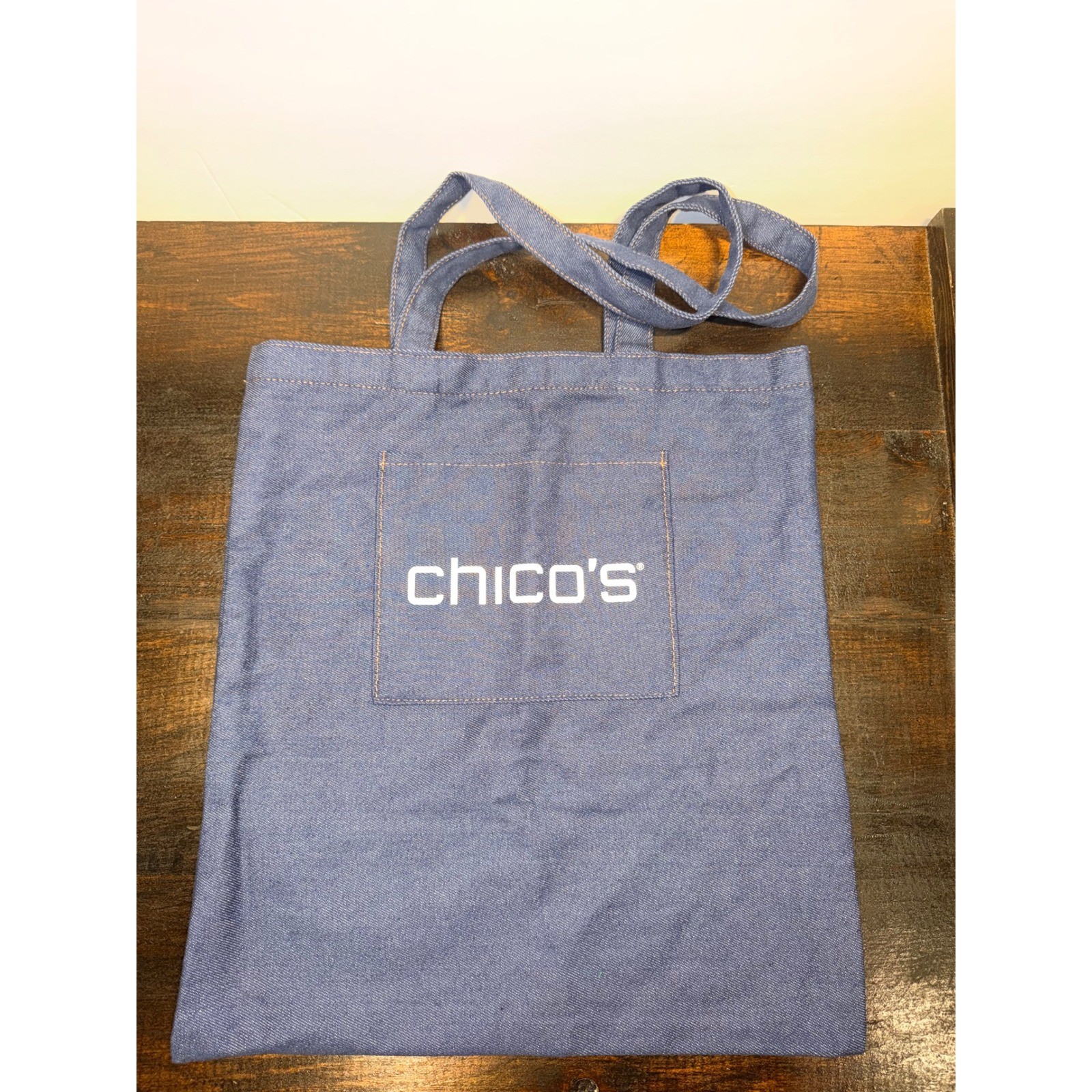 Chico’s Blue Denim Logo Tote Bag Front Pocket Cotton Blend Reusable Shopper