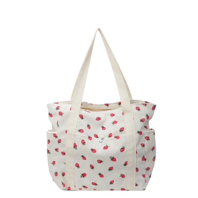 Women’s Corduroy Shoulder Tote Bag – Sweet Strawberry Style, Casual & Cute
