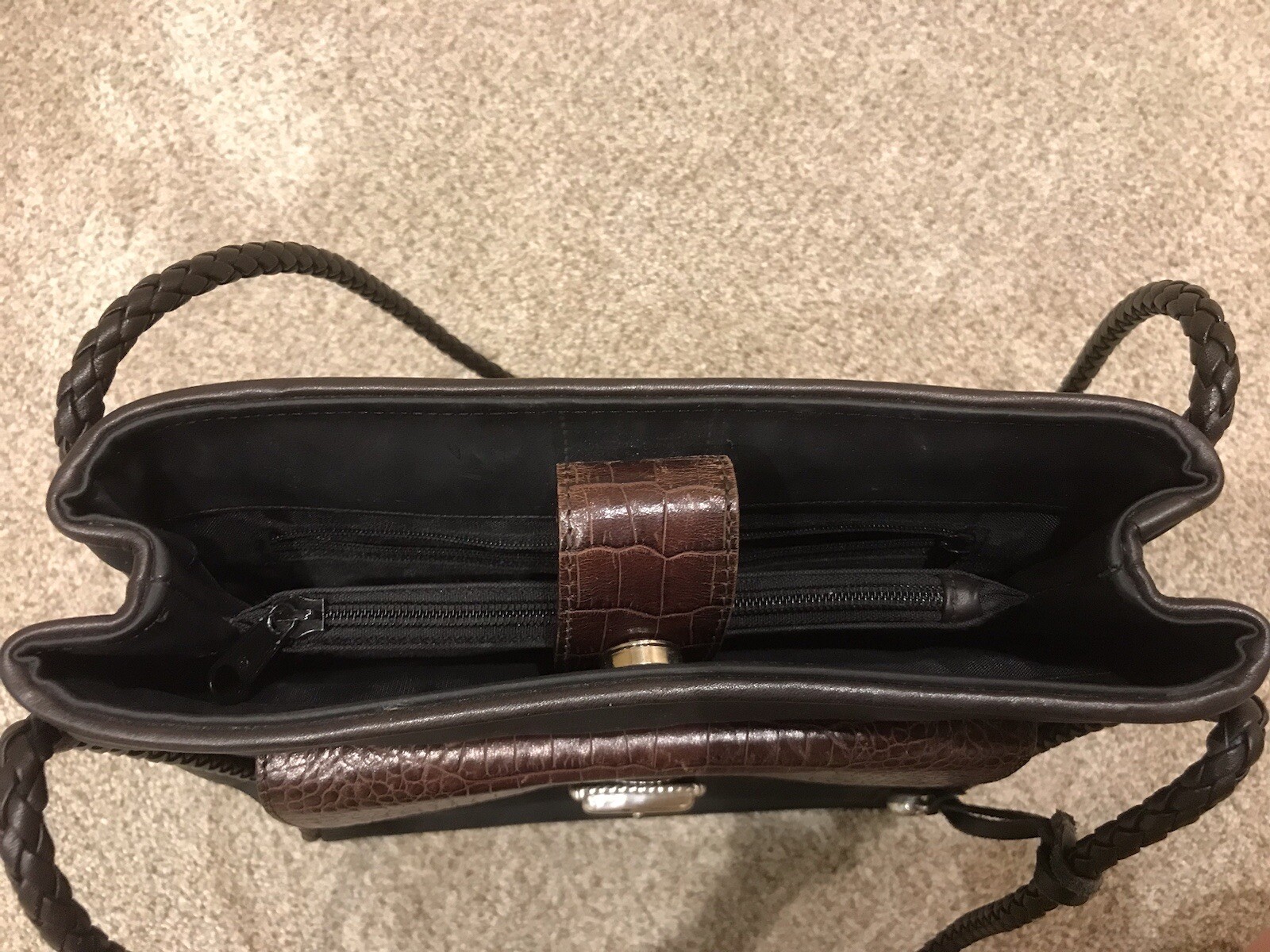 Brighton Black With Brown Leather Shoulder Purse, 10.5in. X 10.5in.