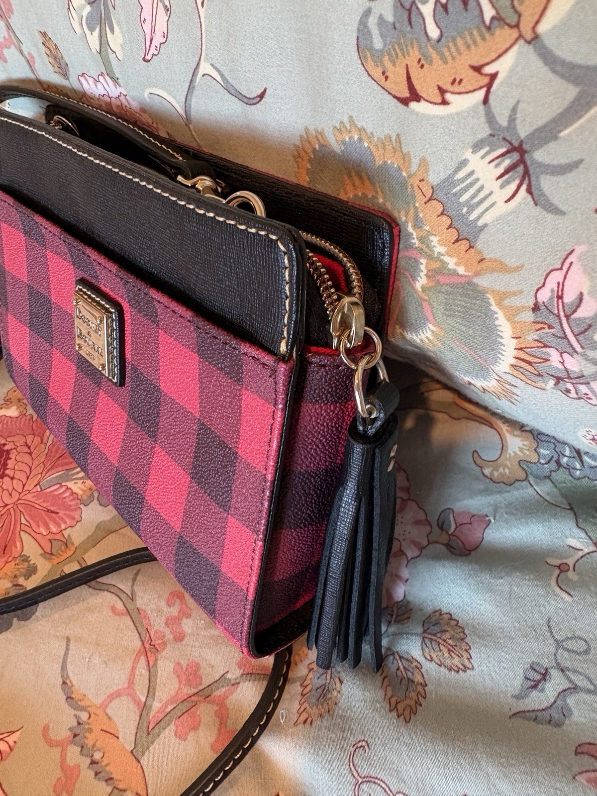Dooney & Bourke Red Black Checkered Plaid Crossbody Bag with Tassel Leather Trim