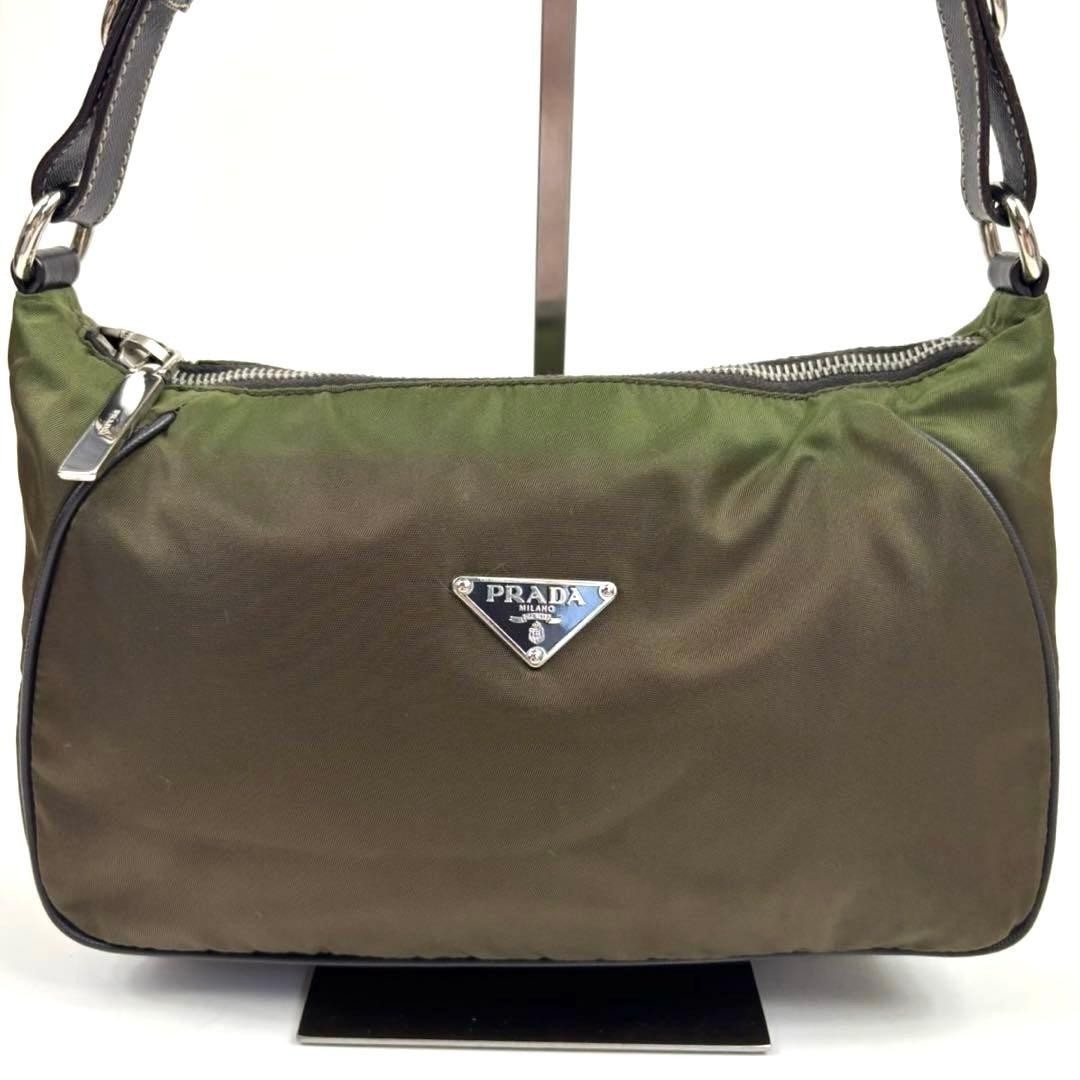 PRADA vintage nylon shoulder bag accessory pouch khaki olive triangle logo
