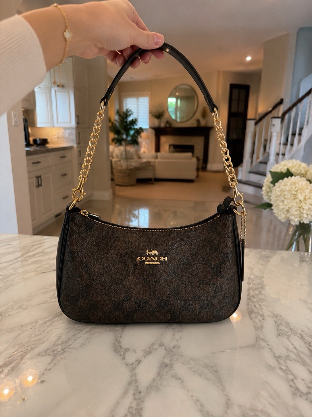 Coach Signature Teri Shoulder Bag Brown Black Leather NWT CV933