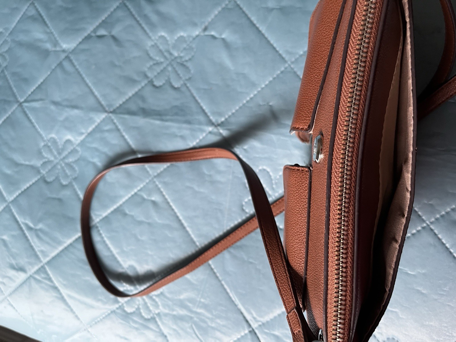 Chaps Solid Brown Crossbody Bag Zip Closure, Silver Hardware, Adjustable Strap