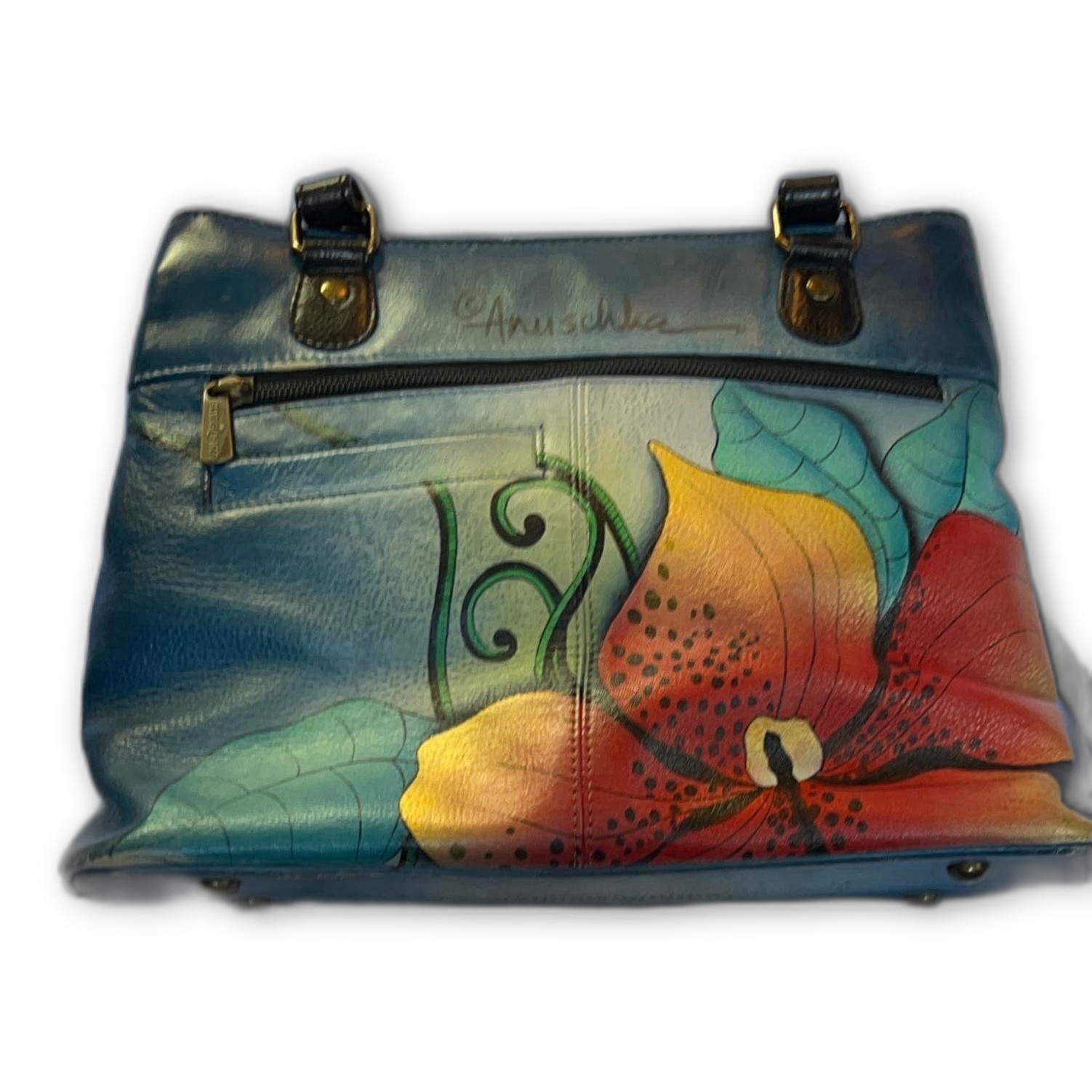 Anuschka Hand Painted Leather Shoulder Bag Blue Paisley Art Satchel Purse 386 PP