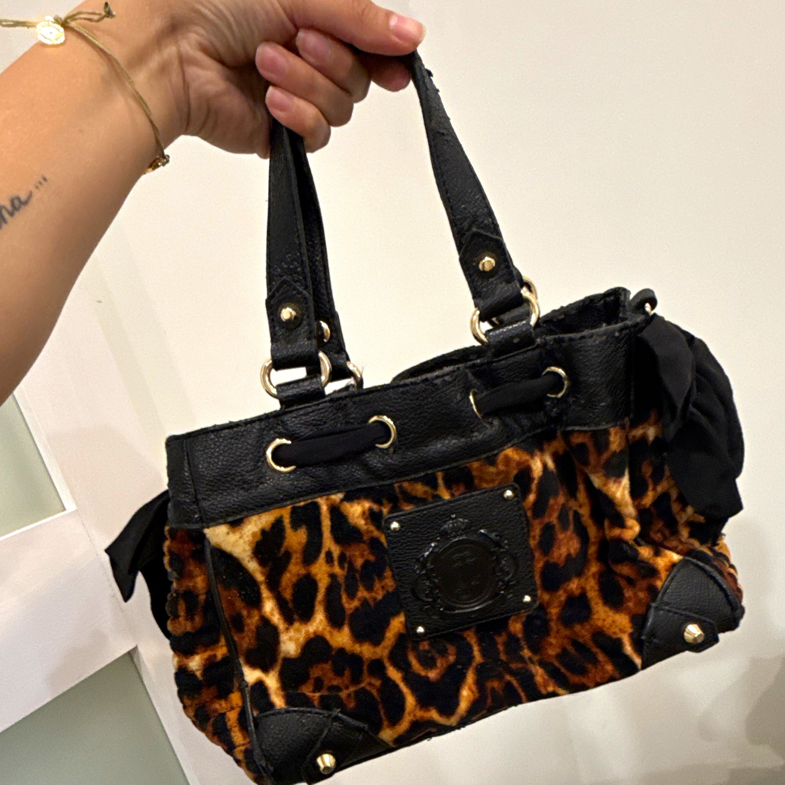 Juicy Couture Leopard Animal Print Satchel Drawstring Gold Hardware Purple