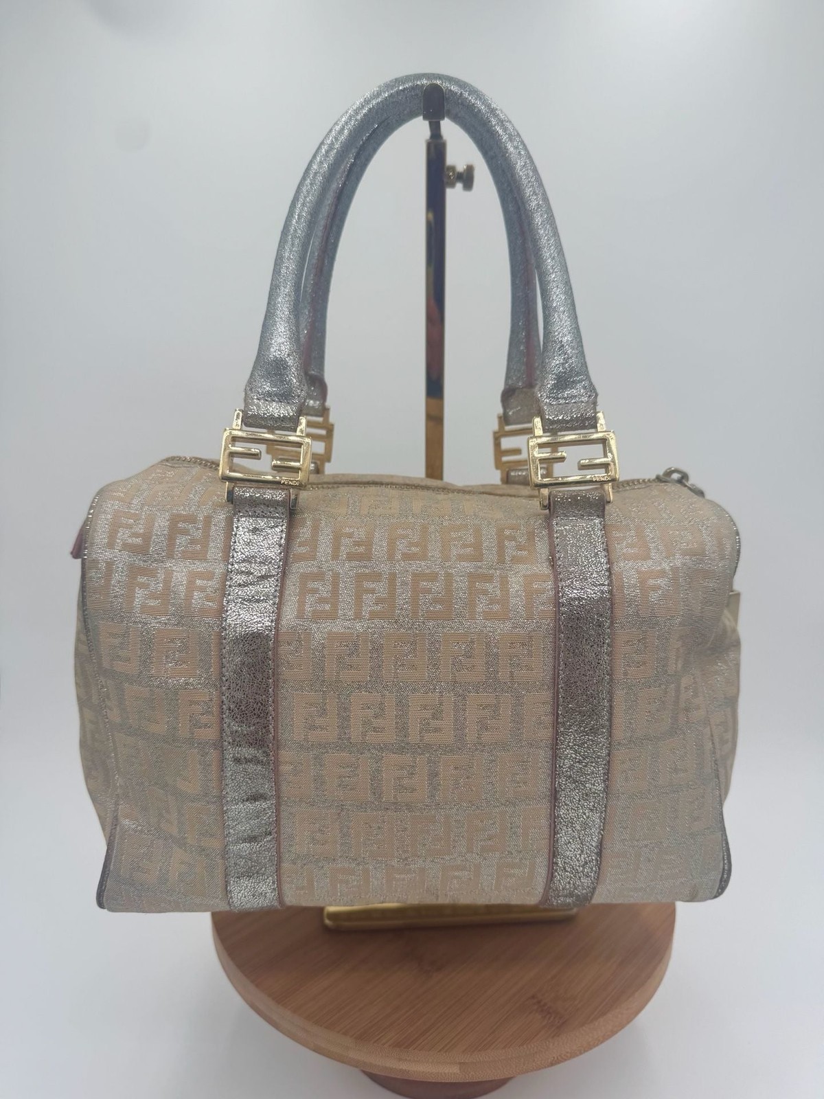 FENDI Glitter Forever Bauletto Boston Bag Silver Jacquard Lock Key Vintage