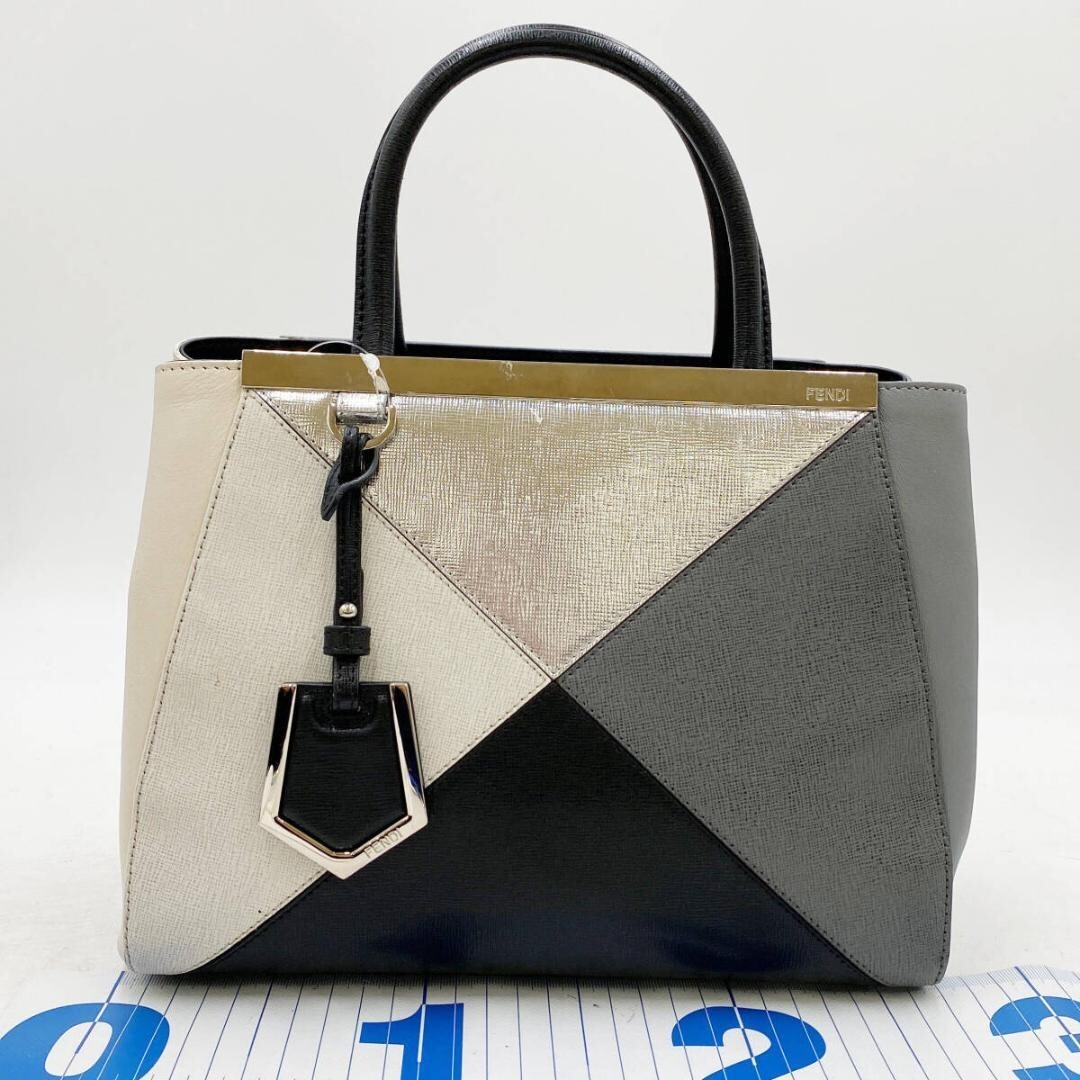 Fendi Petit 2 Jours 8BH253 White Black Leather 2 Way Bag Auth