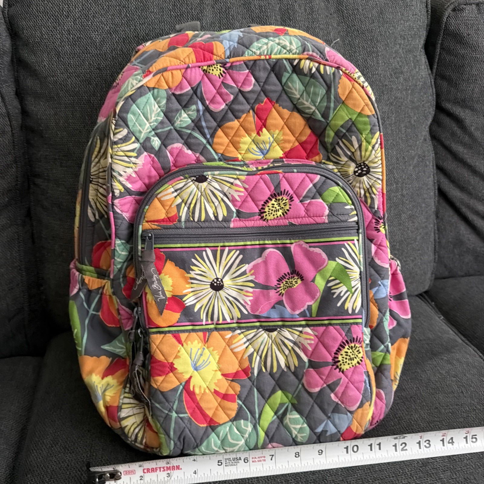 Vera Bradley Large Backpack Bag Jazzy Bloom Quilted Gray Pink Yellow Orange