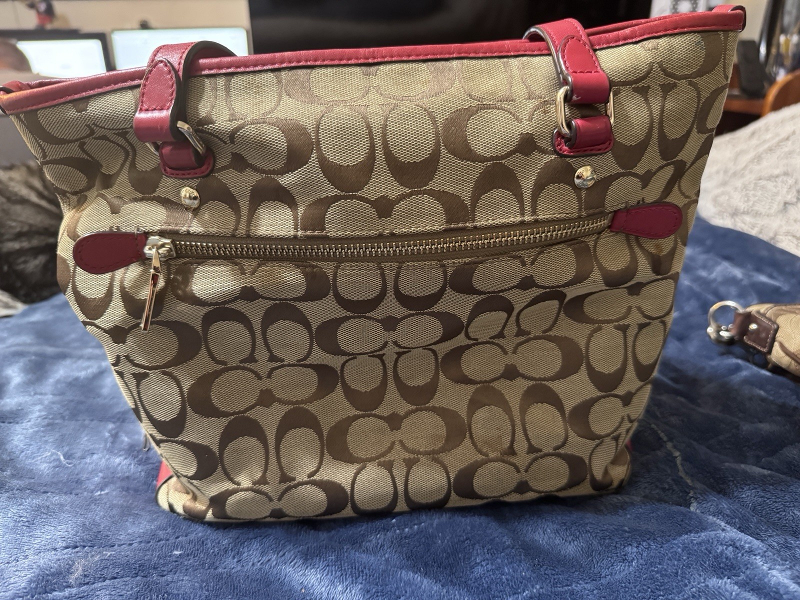 Coach Signature Canvas Tote Bag Red Leather Trim Shoulder Purse Hangtag EUC