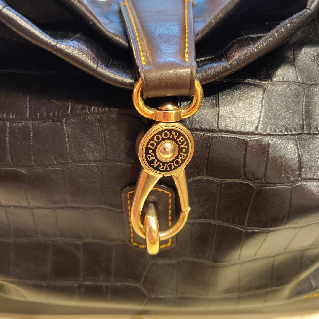 Dooney & Bourke Black With Brown Trim Croc Embossed Leather Logo Lock Hobo Bag