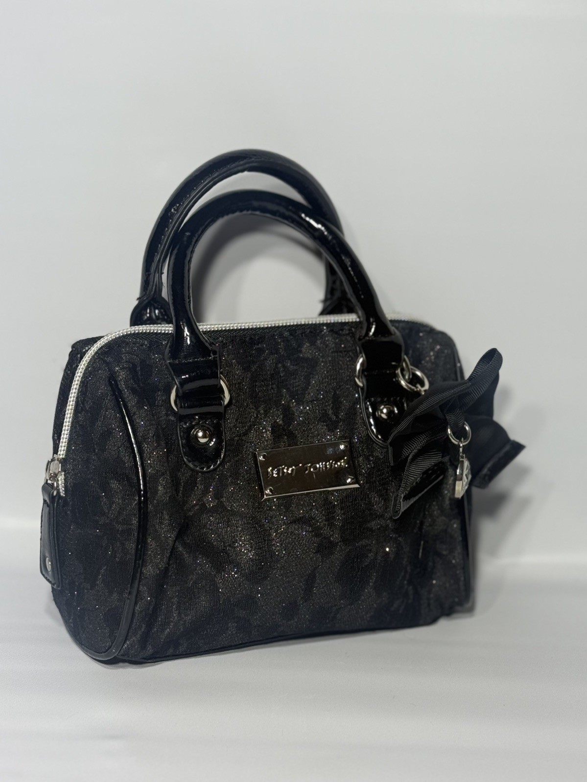 Betsey Johnson Mini Crossbody Satchel Bag Glittery Black Bow missing strap