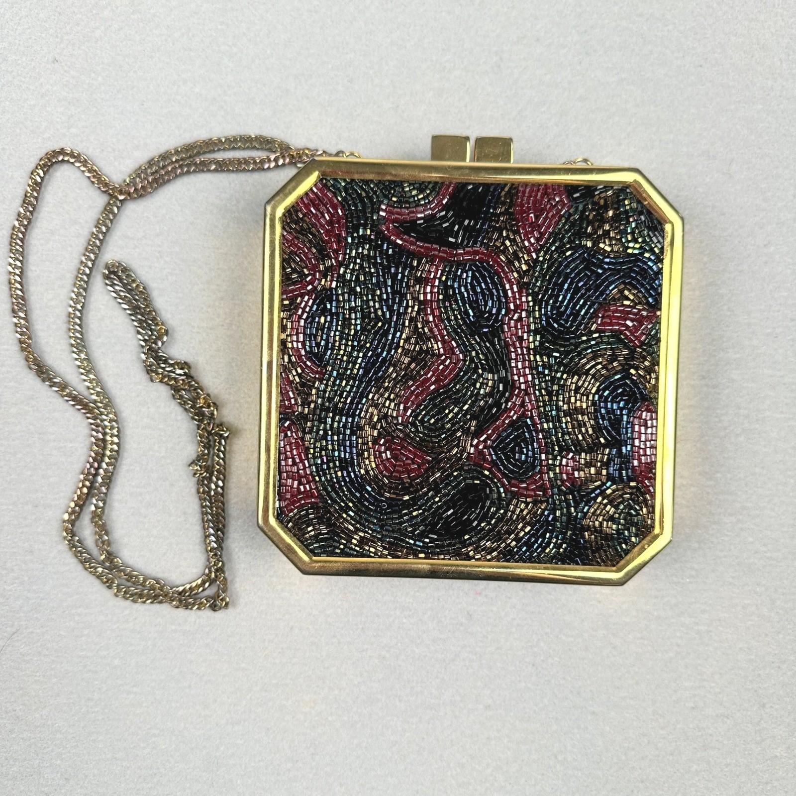 70s Vintage Micro‑Beaded Mosaic Gold‑Tone Evening Boho Clutch Handbag