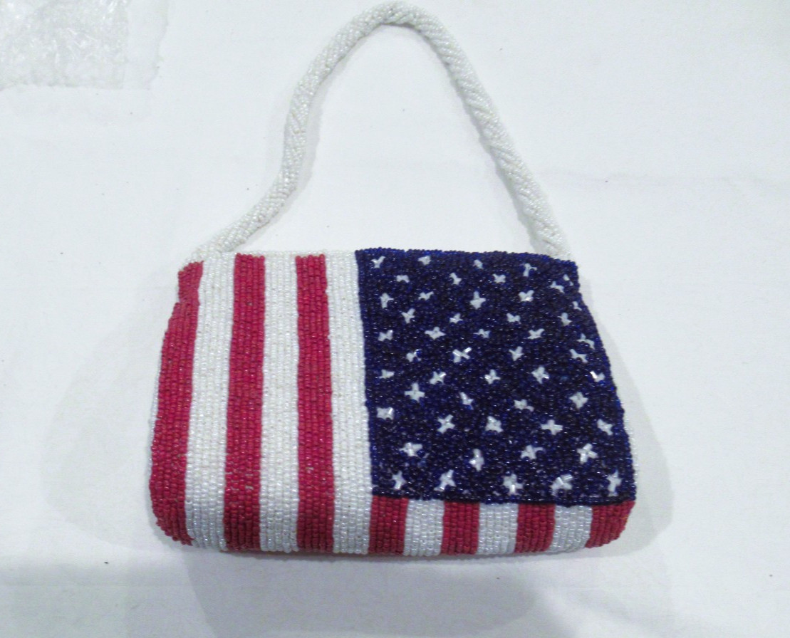 Flag-patterned beaded purse by Moyna, American flag