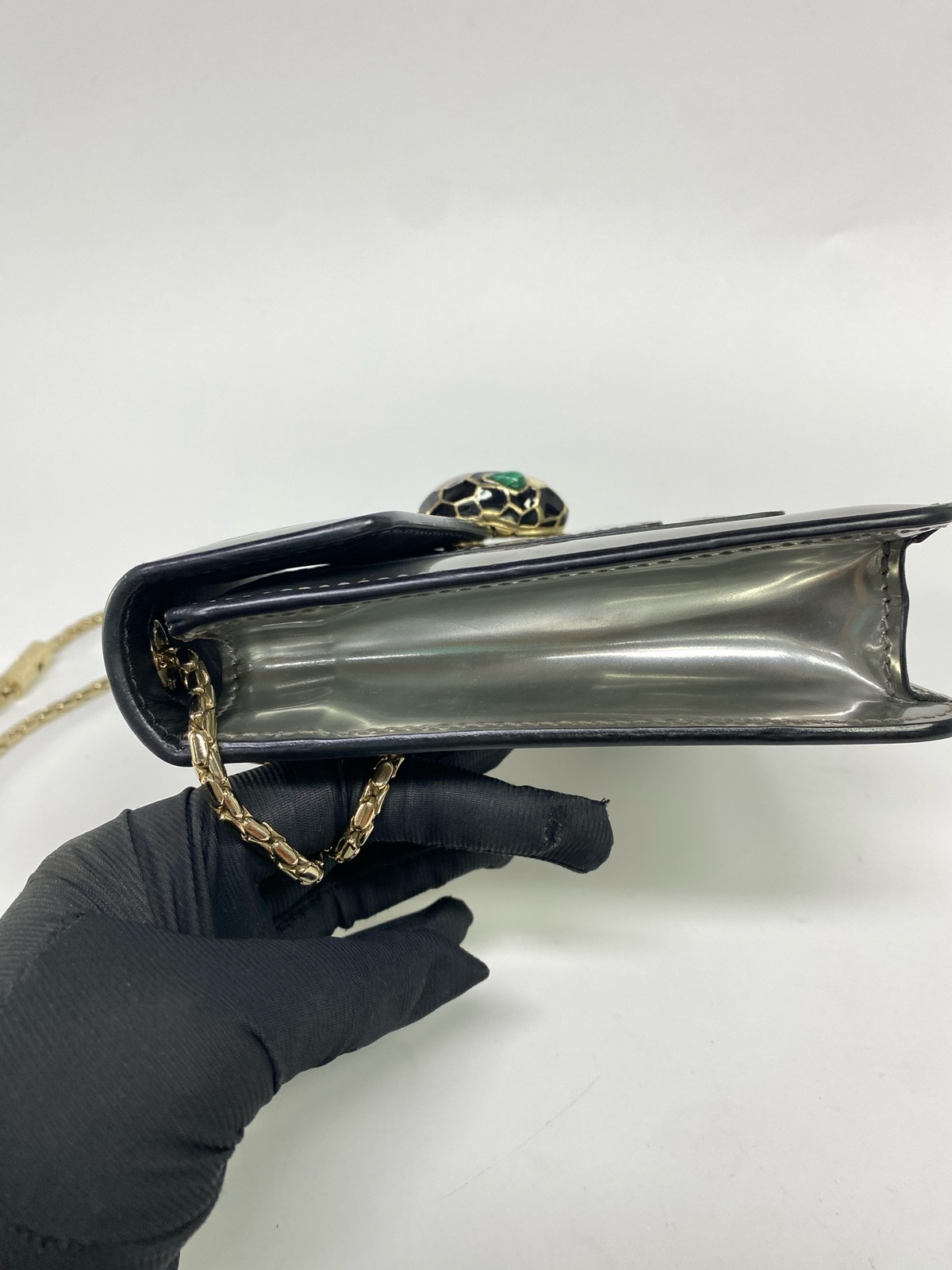 Bvlgari Serpenti Forever Small Flap Crossbody Metallic Silver Patent Leather Bag