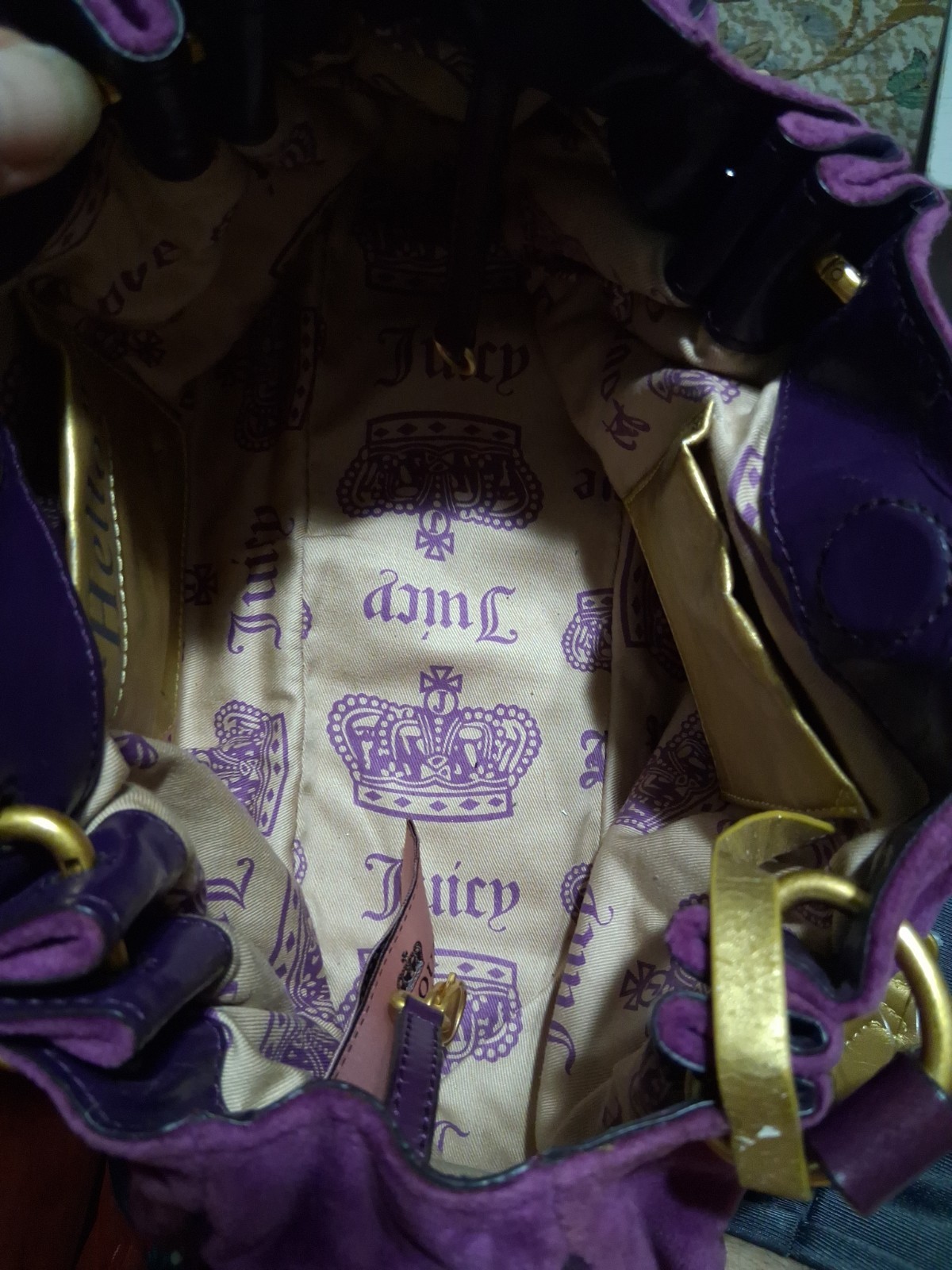 Vintage Y2K Juicy Couture Purple Velour Bag Gold Heart Charm Crown Lining