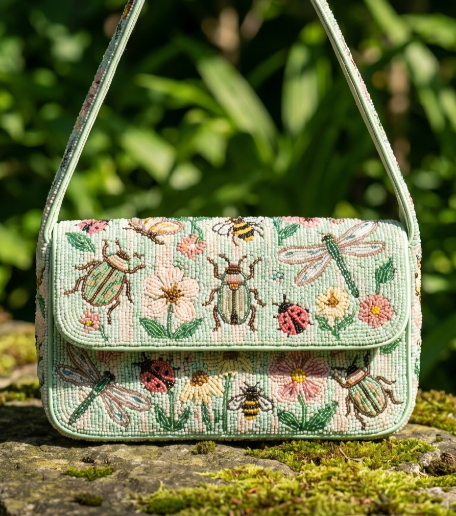 Handcrafted Pastel Green Beaded Shoulder Bag Insect Floral Garden Cottagecore
