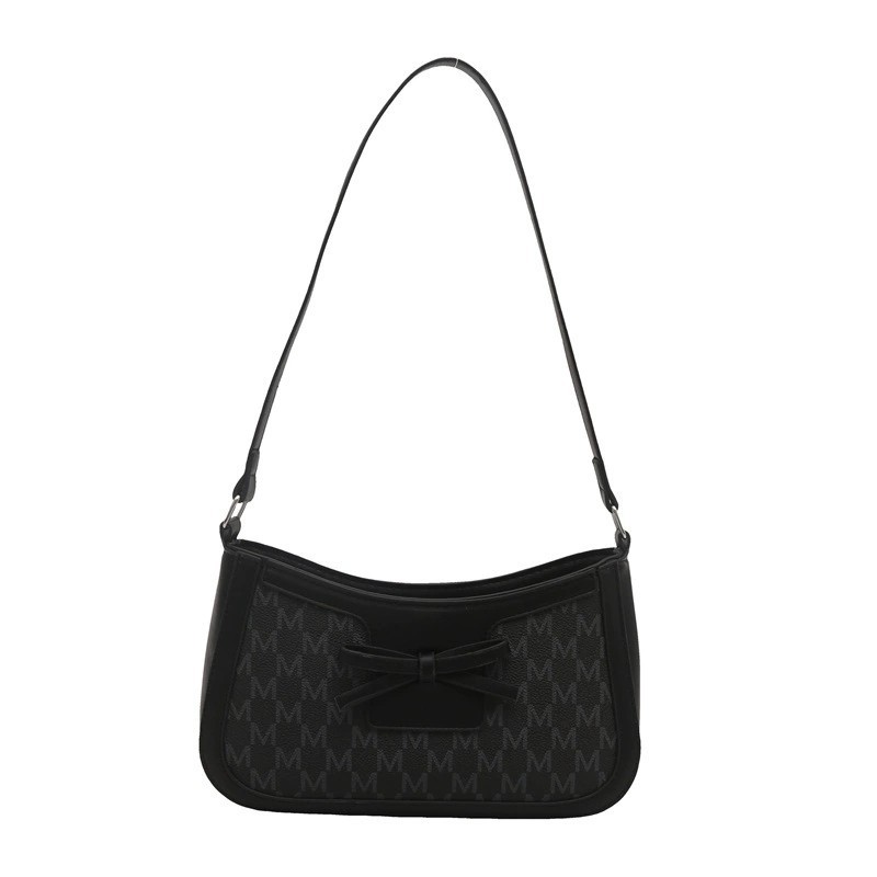 Black Letter Print Bow Decor Underarm Bag PU Leather Shoulder Crossbody Bag
