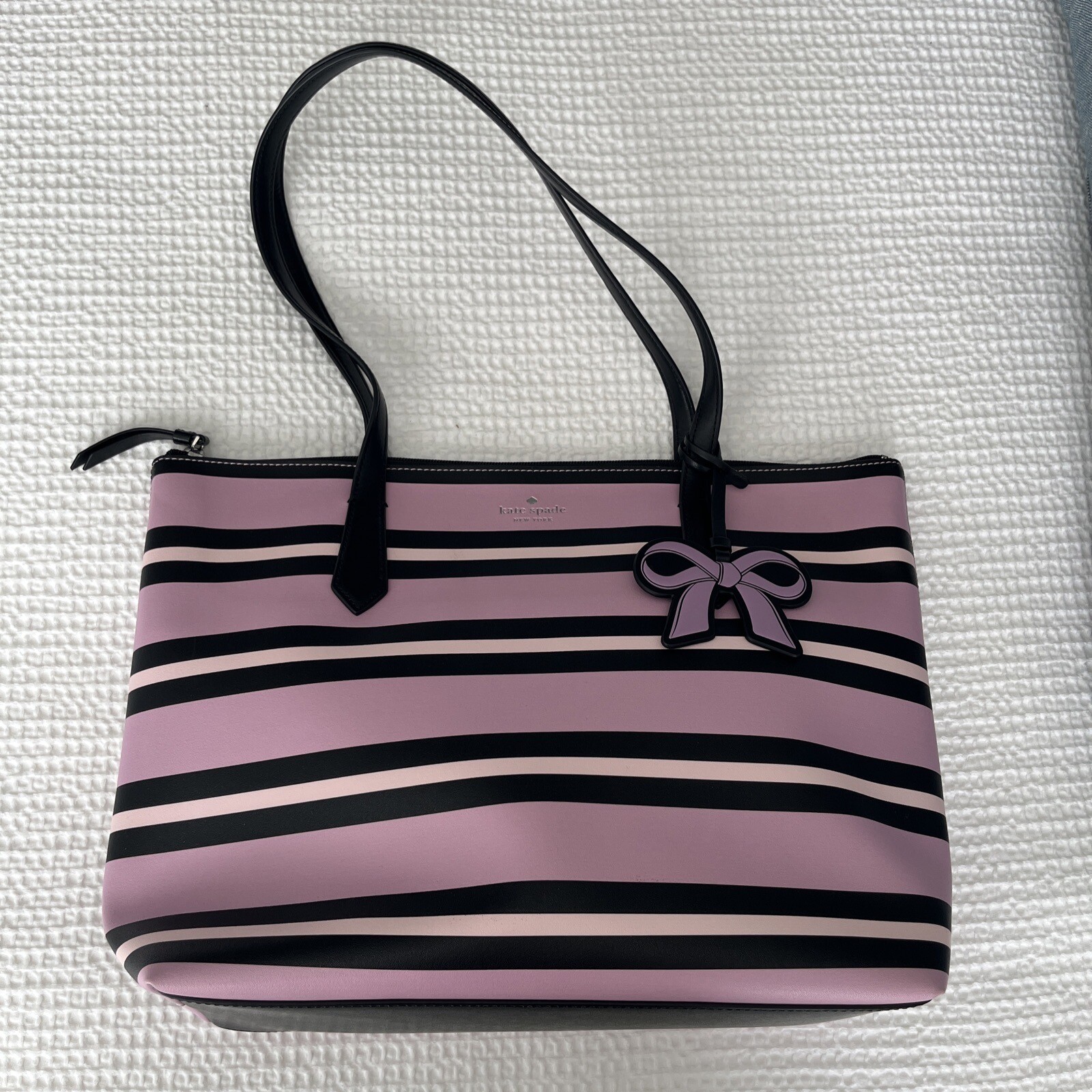 Kate Spade Cassy Ottoman Stripe Leather Tote Large Shoulder Bag Pink Multi NWT