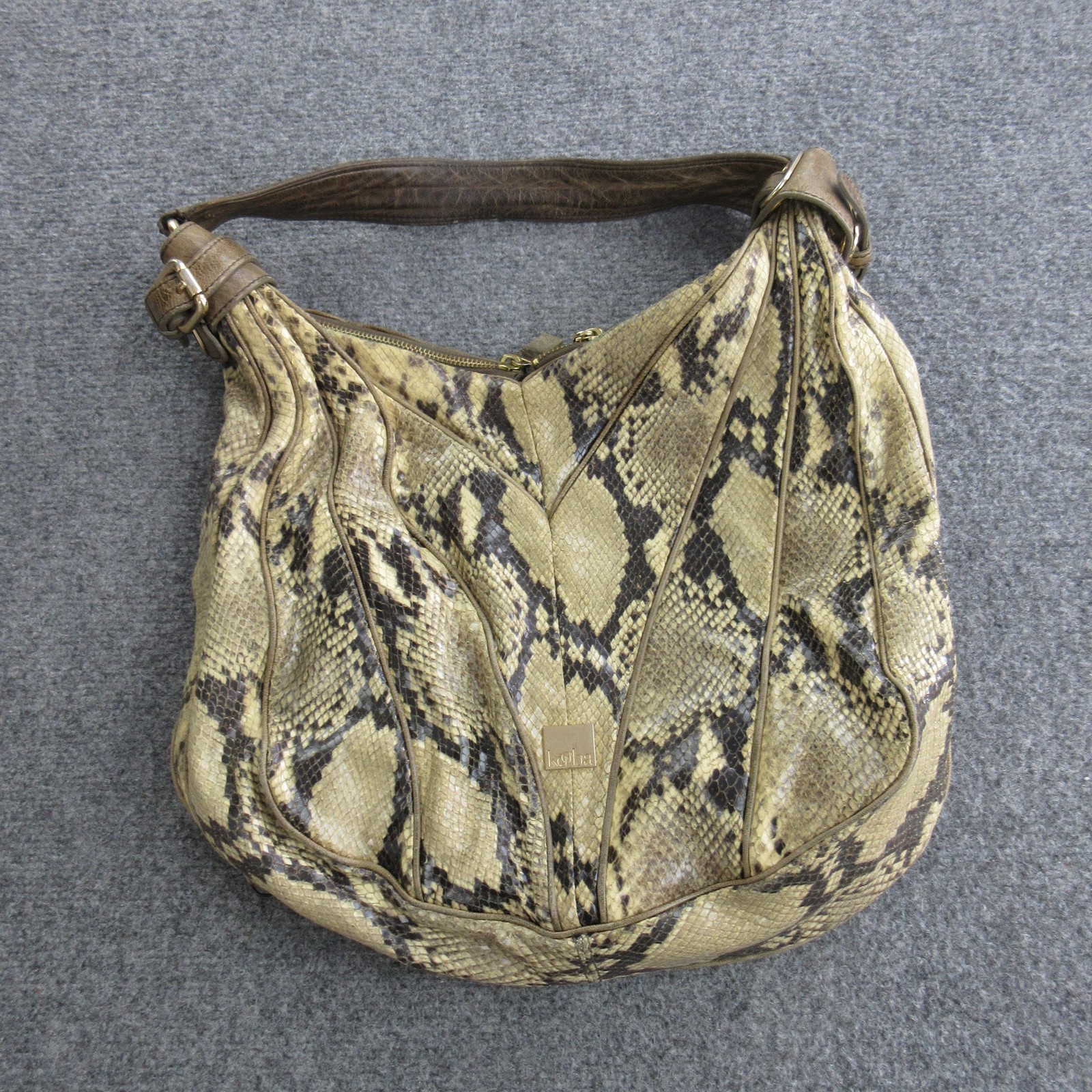 Kooba Hobo Bag Womens Large Brown Leather Snakeskin Print Zip Shoulder Slouchy