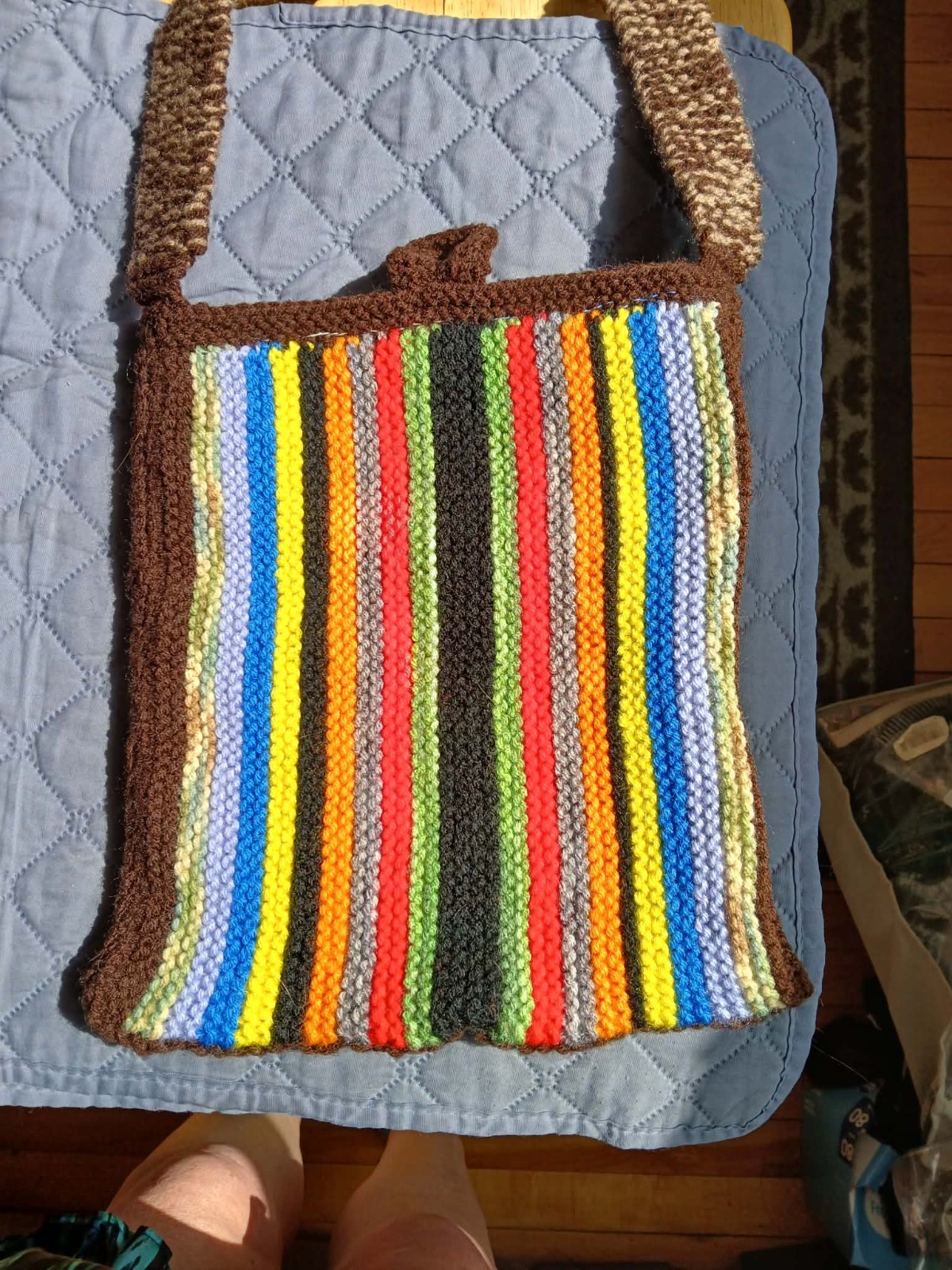 Hand Knitted Women’s boho Cross Body Multi Striped Lined Bag ,button Fastening