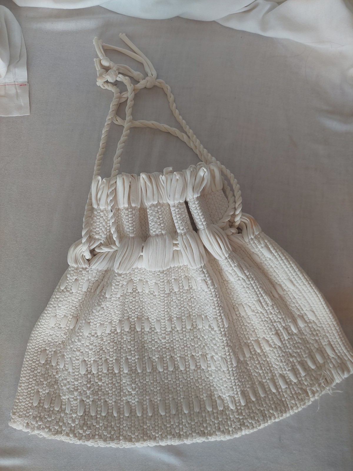 Bridal White Drawstring Silky Nylon Woven Loop Fringe Bucket Purse Vintage Bag