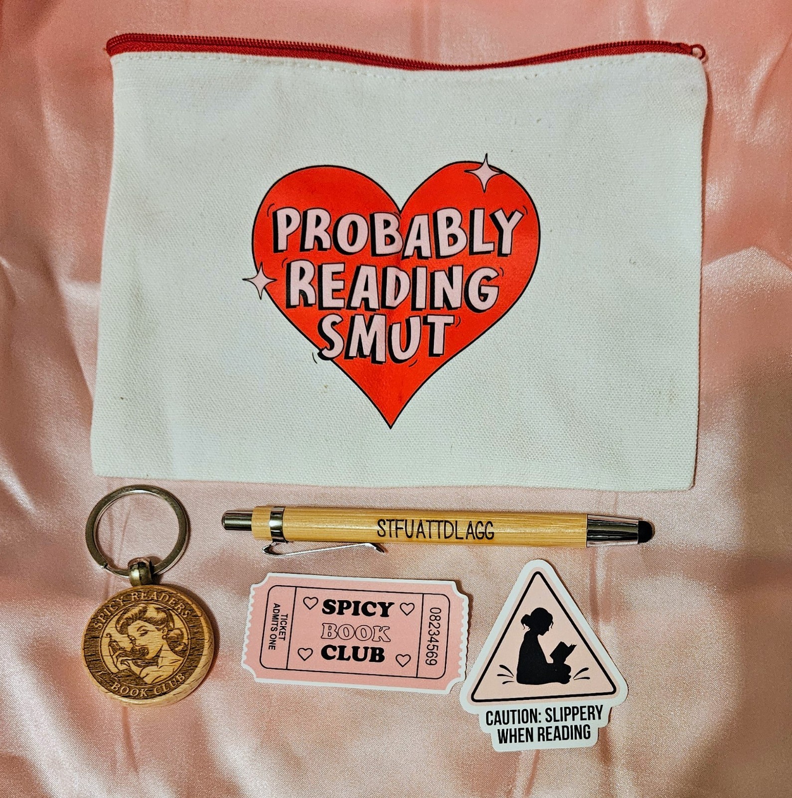 “Probably Reading Smut” Zippered Pouch With Keyring, Stylus And Stickers