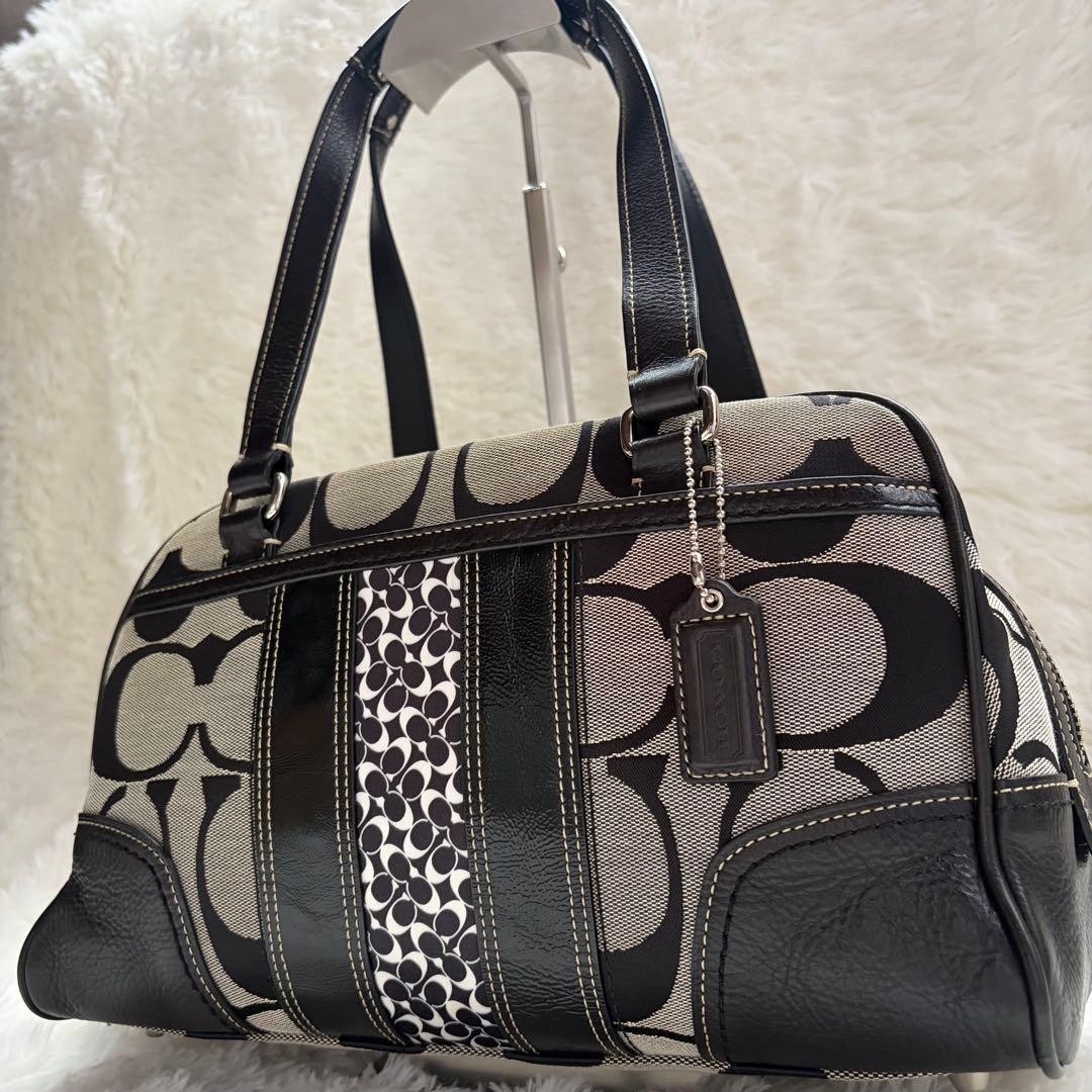 Authentic COACH Signature Boston Bag 28.5cm Black Canvas Leather Women’s Handbag