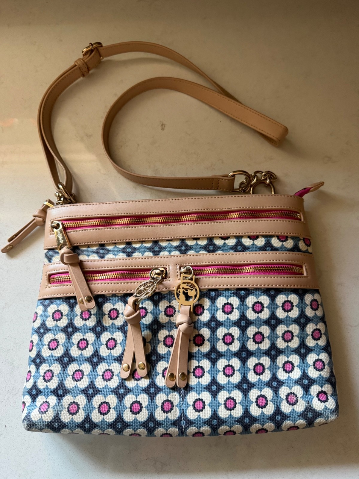 Spartina 449 Crossbody Bag Linen Leather Floral Boho Multicolor