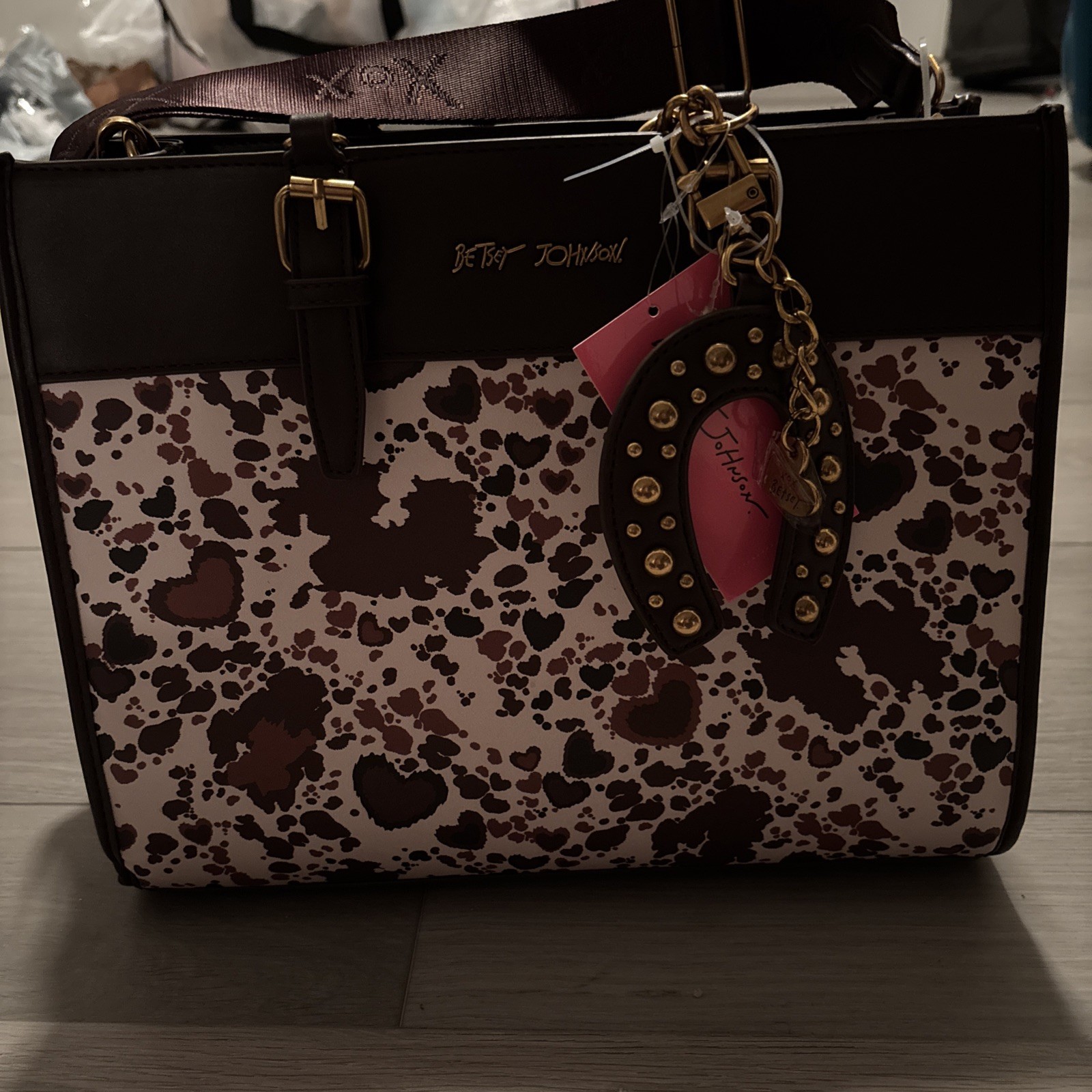 Betsey Johnson Cow Heart-Print Western Tote Handbag with Bonus bag charm