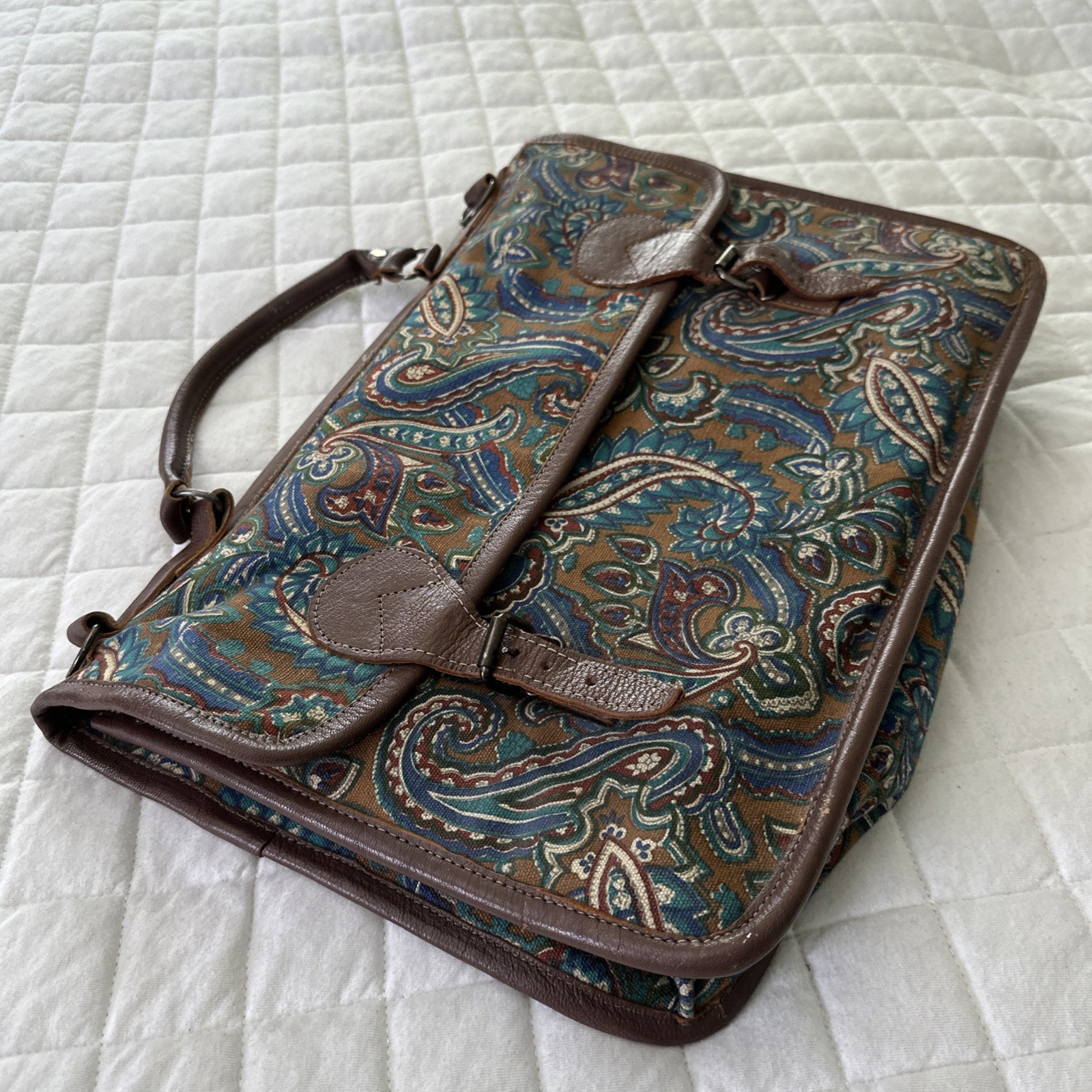 Vintage Passports Pier 1 Satchel Bag Brown Blue Paisley Laptop Retro Briefcase