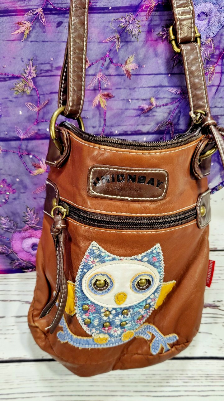 Brown Faux Leather Unionbay Crossbody Bag Embroidered Blue and Yellow Owl